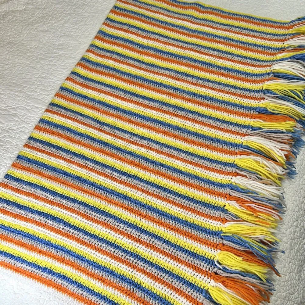 Handmade Vintage Cottagecore Orange Yellow Blue & White Afghan Blanket 56 x 41”